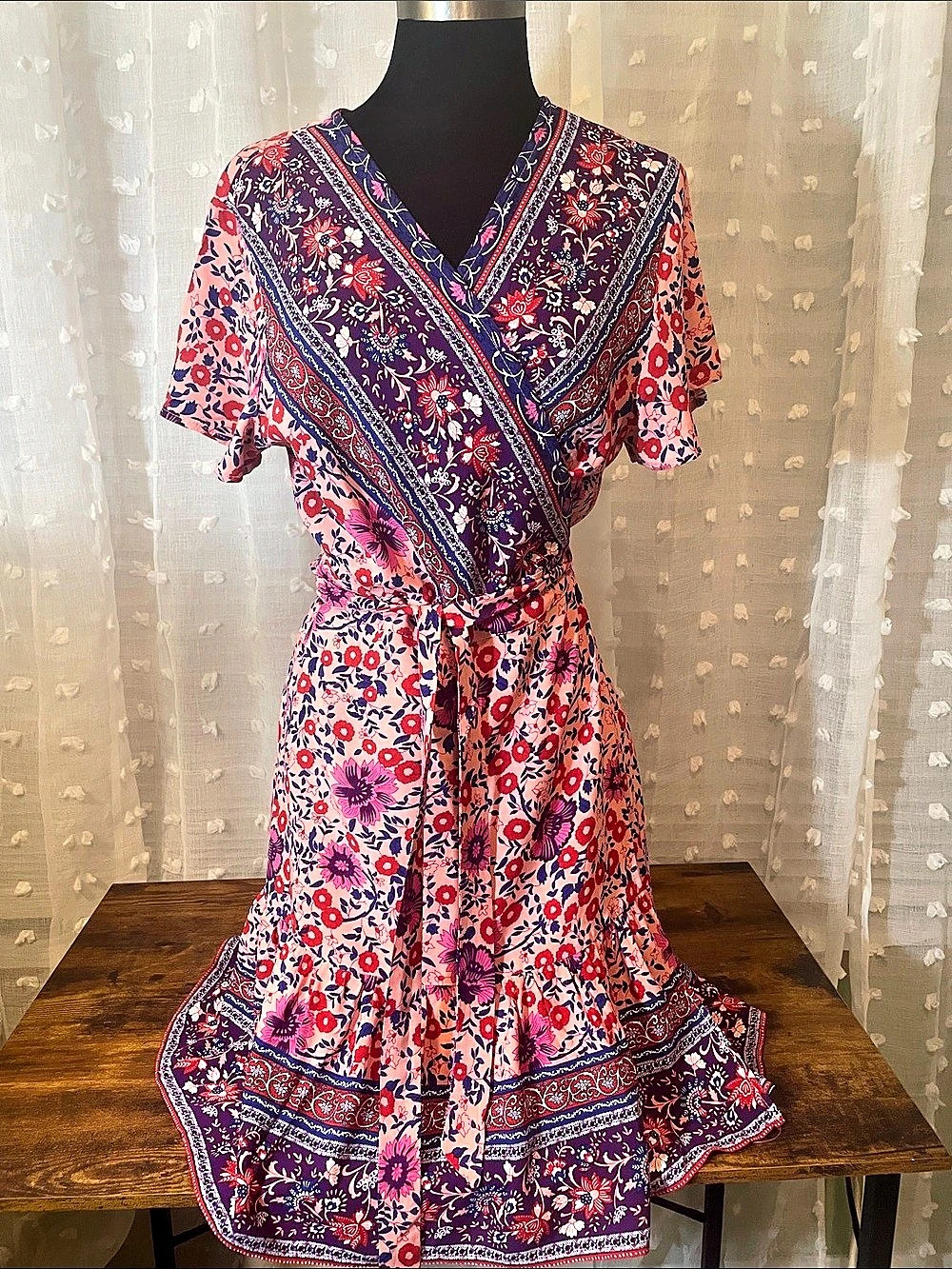 ZESICA Women's Floral Short Sleeve Wrap Dress Midi Dress Pink & Blue XL